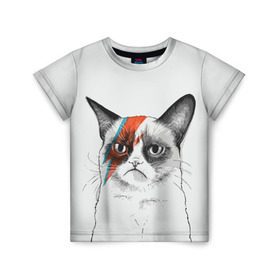 Детская футболка 3D с принтом Grumpy cat (David Bowie) в Петрозаводске, 100% гипоаллергенный полиэфир | прямой крой, круглый вырез горловины, длина до линии бедер, чуть спущенное плечо, ткань немного тянется | бодиарт | грумпи | дэвид боуи | злой кот | интернет | котей | котик | кошка | мем | мемас | мемчик. | молния на лице | рисунок на лице | сердитый