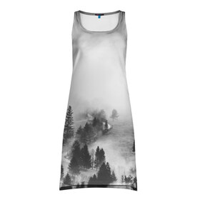 Платье-майка 3D с принтом Лес и туман в Петрозаводске, 100% полиэстер | полуприлегающий силуэт, широкие бретели, круглый вырез горловины, удлиненный подол сзади. | black and white | лес | лес и туман | туман | чернобелый  фон | чернобелый лес