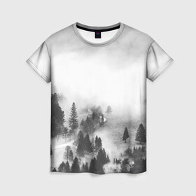 Женская футболка 3D с принтом Лес и туман в Петрозаводске, 100% полиэфир ( синтетическое хлопкоподобное полотно) | прямой крой, круглый вырез горловины, длина до линии бедер | black and white | лес | лес и туман | туман | чернобелый  фон | чернобелый лес