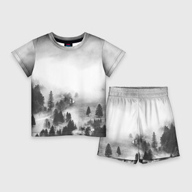 Детский костюм с шортами 3D с принтом Лес и туман в Петрозаводске,  |  | Тематика изображения на принте: black and white | лес | лес и туман | туман | чернобелый  фон | чернобелый лес