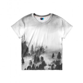 Детская футболка 3D с принтом Лес и туман в Петрозаводске, 100% гипоаллергенный полиэфир | прямой крой, круглый вырез горловины, длина до линии бедер, чуть спущенное плечо, ткань немного тянется | black and white | лес | лес и туман | туман | чернобелый  фон | чернобелый лес