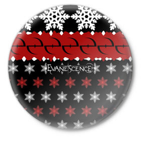 Значок с принтом Праздничный Evanescence в Петрозаводске,  металл | круглая форма, металлическая застежка в виде булавки | evanescence | альтернативный | готик | группа | джен маджура | знак | исчезновение | красный | метал | надпись | новогодний | новый год | ню | праздник | рождество | рок | снежинки | тим маккорд