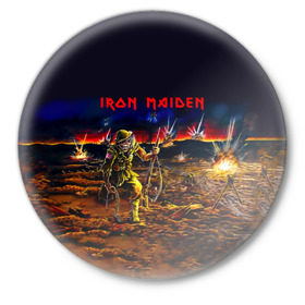 Значок с принтом Боец Iron Maiden в Петрозаводске,  металл | круглая форма, металлическая застежка в виде булавки | iron maiden | адриан смит | айрон мейден | война | группа | дэйв мюррей | железная дева | ирон майден | метал | мрачный | музыка | песни | рок | солдат | стив харрис | тяжелый | хеви | хевиметал