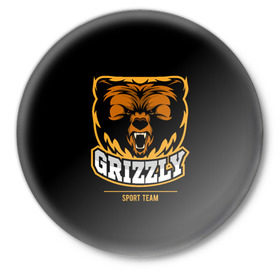 Значок с принтом GTIZZLY(sport team) в Петрозаводске,  металл | круглая форма, металлическая застежка в виде булавки | bear | grizzly | гризли | медведь | ярость