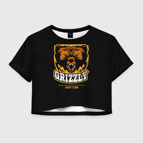 Женская футболка 3D укороченная с принтом GTIZZLY(sport team) в Петрозаводске, 100% полиэстер | круглая горловина, длина футболки до линии талии, рукава с отворотами | Тематика изображения на принте: bear | grizzly | гризли | медведь | ярость