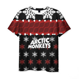 Мужская футболка 3D с принтом Праздничный Arctic Monkeys в Петрозаводске, 100% полиэфир | прямой крой, круглый вырез горловины, длина до линии бедер | алекс тёрнер | арктик | арктические мартышки | гаражный | группа | джейми кук | знак | инди рок | красный | м | манкис | музыка | надпись | ник о мэлли | новогодний | новый год | обезьяна