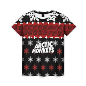 Женская футболка 3D с принтом Праздничный Arctic Monkeys в Петрозаводске, 100% полиэфир ( синтетическое хлопкоподобное полотно) | прямой крой, круглый вырез горловины, длина до линии бедер | алекс тёрнер | арктик | арктические мартышки | гаражный | группа | джейми кук | знак | инди рок | красный | м | манкис | музыка | надпись | ник о мэлли | новогодний | новый год | обезьяна