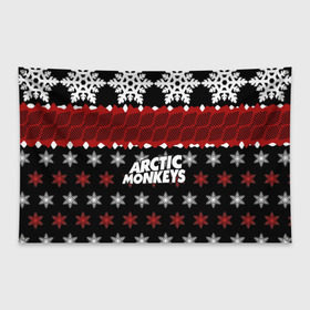 Флаг-баннер с принтом Праздничный Arctic Monkeys в Петрозаводске, 100% полиэстер | размер 67 х 109 см, плотность ткани — 95 г/м2; по краям флага есть четыре люверса для крепления | алекс тёрнер | арктик | арктические мартышки | гаражный | группа | джейми кук | знак | инди рок | красный | м | манкис | музыка | надпись | ник о мэлли | новогодний | новый год | обезьяна