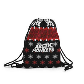 Рюкзак-мешок 3D с принтом Праздничный Arctic Monkeys в Петрозаводске, 100% полиэстер | плотность ткани — 200 г/м2, размер — 35 х 45 см; лямки — толстые шнурки, застежка на шнуровке, без карманов и подкладки | Тематика изображения на принте: алекс тёрнер | арктик | арктические мартышки | гаражный | группа | джейми кук | знак | инди рок | красный | м | манкис | музыка | надпись | ник о мэлли | новогодний | новый год | обезьяна