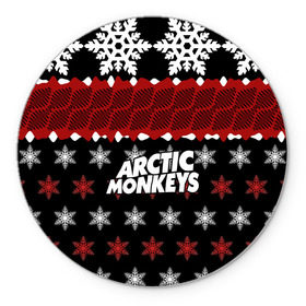 Коврик круглый с принтом Праздничный Arctic Monkeys в Петрозаводске, резина и полиэстер | круглая форма, изображение наносится на всю лицевую часть | алекс тёрнер | арктик | арктические мартышки | гаражный | группа | джейми кук | знак | инди рок | красный | м | манкис | музыка | надпись | ник о мэлли | новогодний | новый год | обезьяна