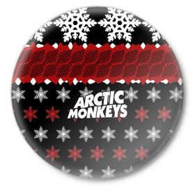Значок с принтом Праздничный Arctic Monkeys в Петрозаводске,  металл | круглая форма, металлическая застежка в виде булавки | алекс тёрнер | арктик | арктические мартышки | гаражный | группа | джейми кук | знак | инди рок | красный | м | манкис | музыка | надпись | ник о мэлли | новогодний | новый год | обезьяна