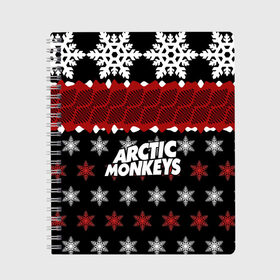 Тетрадь с принтом Праздничный Arctic Monkeys в Петрозаводске, 100% бумага | 48 листов, плотность листов — 60 г/м2, плотность картонной обложки — 250 г/м2. Листы скреплены сбоку удобной пружинной спиралью. Уголки страниц и обложки скругленные. Цвет линий — светло-серый
 | Тематика изображения на принте: алекс тёрнер | арктик | арктические мартышки | гаражный | группа | джейми кук | знак | инди рок | красный | м | манкис | музыка | надпись | ник о мэлли | новогодний | новый год | обезьяна