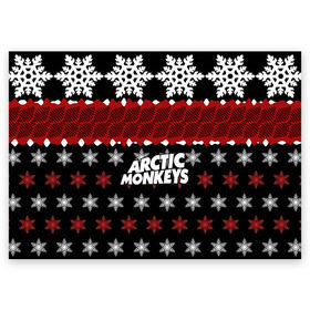 Поздравительная открытка с принтом Праздничный Arctic Monkeys в Петрозаводске, 100% бумага | плотность бумаги 280 г/м2, матовая, на обратной стороне линовка и место для марки
 | алекс тёрнер | арктик | арктические мартышки | гаражный | группа | джейми кук | знак | инди рок | красный | м | манкис | музыка | надпись | ник о мэлли | новогодний | новый год | обезьяна