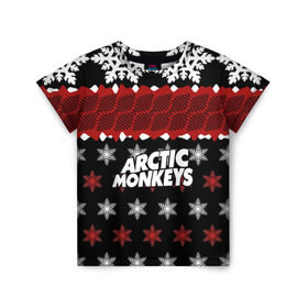 Детская футболка 3D с принтом Праздничный Arctic Monkeys в Петрозаводске, 100% гипоаллергенный полиэфир | прямой крой, круглый вырез горловины, длина до линии бедер, чуть спущенное плечо, ткань немного тянется | Тематика изображения на принте: алекс тёрнер | арктик | арктические мартышки | гаражный | группа | джейми кук | знак | инди рок | красный | м | манкис | музыка | надпись | ник о мэлли | новогодний | новый год | обезьяна