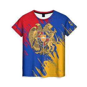 Женская футболка 3D с принтом Герб и флаг Армении в Петрозаводске, 100% полиэфир ( синтетическое хлопкоподобное полотно) | прямой крой, круглый вырез горловины, длина до линии бедер | армения | герб армении | герб и флаг армении | флаг армении