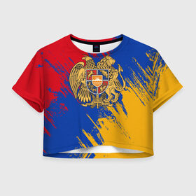 Женская футболка 3D укороченная с принтом Герб и флаг Армении в Петрозаводске, 100% полиэстер | круглая горловина, длина футболки до линии талии, рукава с отворотами | армения | герб армении | герб и флаг армении | флаг армении