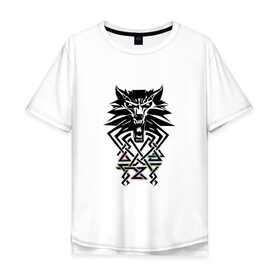 Мужская футболка хлопок Oversize с принтом The Witcher в Петрозаводске, 100% хлопок | свободный крой, круглый ворот, “спинка” длиннее передней части | the wicher | аксий | белый волк | ведьмак | знаки