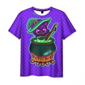 Мужская футболка 3D с принтом Кошка-ведьмочка в Петрозаводске, 100% полиэфир | прямой крой, круглый вырез горловины, длина до линии бедер | halloween | helloween | ведунья | ведьма | зелье | кот | котел | котик | кошка | магия | хеллоуин | хэллоуин