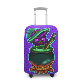 Чехол для чемодана 3D с принтом Кошка-ведьмочка в Петрозаводске, 86% полиэфир, 14% спандекс | двустороннее нанесение принта, прорези для ручек и колес | halloween | helloween | ведунья | ведьма | зелье | кот | котел | котик | кошка | магия | хеллоуин | хэллоуин