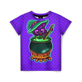 Детская футболка 3D с принтом Кошка-ведьмочка в Петрозаводске, 100% гипоаллергенный полиэфир | прямой крой, круглый вырез горловины, длина до линии бедер, чуть спущенное плечо, ткань немного тянется | halloween | helloween | ведунья | ведьма | зелье | кот | котел | котик | кошка | магия | хеллоуин | хэллоуин