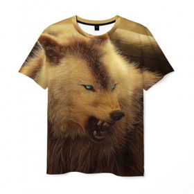 Мужская футболка 3D с принтом Волчий оскал. в Петрозаводске, 100% полиэфир | прямой крой, круглый вырез горловины, длина до линии бедер | вожак | волк | животные | звери | оскал | хищник