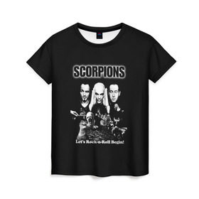 Женская футболка 3D с принтом Группа Scorpions в Петрозаводске, 100% полиэфир ( синтетическое хлопкоподобное полотно) | прямой крой, круглый вырез горловины, длина до линии бедер | scorpions | группа | скорпионс | хард | хардрок