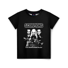 Детская футболка 3D с принтом Группа Scorpions в Петрозаводске, 100% гипоаллергенный полиэфир | прямой крой, круглый вырез горловины, длина до линии бедер, чуть спущенное плечо, ткань немного тянется | Тематика изображения на принте: scorpions | группа | скорпионс | хард | хардрок