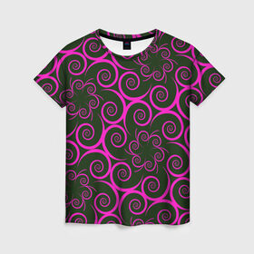 Женская футболка 3D с принтом Розовые цветы в Петрозаводске, 100% полиэфир ( синтетическое хлопкоподобное полотно) | прямой крой, круглый вырез горловины, длина до линии бедер | pink | кружева | лепестки | розовый | спираль | узор | фрактал | цветки | цветок | цветы