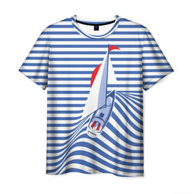 Мужская футболка 3D с принтом Яхта в Петрозаводске, 100% полиэфир | прямой крой, круглый вырез горловины, длина до линии бедер | flag | joke | prank | sail | sea | stripes | water | waves | yacht vest | вода | волны | море | парус | полосы | прикол | тельняшка | флаг | шутка | яхта