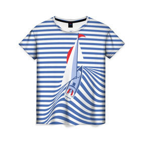 Женская футболка 3D с принтом Яхта в Петрозаводске, 100% полиэфир ( синтетическое хлопкоподобное полотно) | прямой крой, круглый вырез горловины, длина до линии бедер | flag | joke | prank | sail | sea | stripes | water | waves | yacht vest | вода | волны | море | парус | полосы | прикол | тельняшка | флаг | шутка | яхта