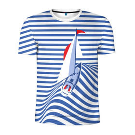 Мужская футболка 3D спортивная с принтом Яхта в Петрозаводске, 100% полиэстер с улучшенными характеристиками | приталенный силуэт, круглая горловина, широкие плечи, сужается к линии бедра | Тематика изображения на принте: flag | joke | prank | sail | sea | stripes | water | waves | yacht vest | вода | волны | море | парус | полосы | прикол | тельняшка | флаг | шутка | яхта