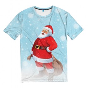 Мужская футболка 3D с принтом Веселый Санта в Петрозаводске, 100% полиэфир | прямой крой, круглый вырез горловины, длина до линии бедер | Тематика изображения на принте: 