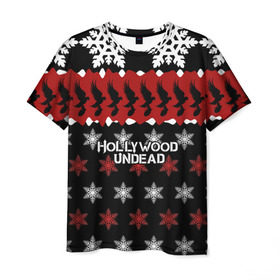 Мужская футболка 3D с принтом Праздничный Hollywood Undead в Петрозаводске, 100% полиэфир | прямой крой, круглый вырез горловины, длина до линии бедер | charlie scene | danny | funny man | hollywood | j dog | johnny 3 tears | undead | андед | голивуд | голливудская | группа | знак | кранккор | красный | метал | надпись | нежить | новогодний | новый год | ню | праздник | реп | рождество
