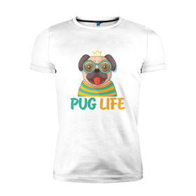 Мужская футболка премиум с принтом Mops king в Петрозаводске, 92% хлопок, 8% лайкра | приталенный силуэт, круглый вырез ворота, длина до линии бедра, короткий рукав | dog | king | mops | pug | король | корона | мопс | пес | песик | собака | собачка