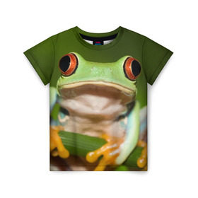 Детская футболка 3D с принтом Лягушка в Петрозаводске, 100% гипоаллергенный полиэфир | прямой крой, круглый вырез горловины, длина до линии бедер, чуть спущенное плечо, ткань немного тянется | Тематика изображения на принте: frog | жаба | животные | зеленый | ква | лягуха | лягушка | лягушонок