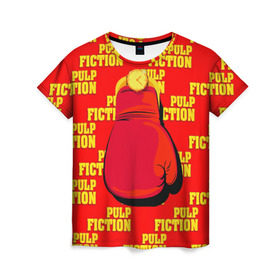 Женская футболка 3D с принтом Криминальное чтиво в Петрозаводске, 100% полиэфир ( синтетическое хлопкоподобное полотно) | прямой крой, круглый вырез горловины, длина до линии бедер | pulp fiction | бокс | золотые часы | перчатка