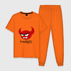 Мужская пижама хлопок с принтом FreeBSD демон в Петрозаводске, 100% хлопок | брюки и футболка прямого кроя, без карманов, на брюках мягкая резинка на поясе и по низу штанин
 | Тематика изображения на принте: bsd | demon | freebsd | os | unix | демон | злой | ос | чёртик