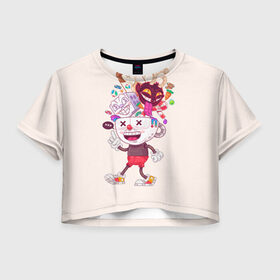 Женская футболка 3D укороченная с принтом Чашкоголовый в Петрозаводске, 100% полиэстер | круглая горловина, длина футболки до линии талии, рукава с отворотами | cuphead | run and gun | капхед | капхэд | чашка