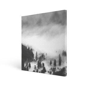 Холст квадратный с принтом Туманный лес в Петрозаводске, 100% ПВХ |  | бор | деревья | дым | елки | лес | природа | туман | чб | черно белое
