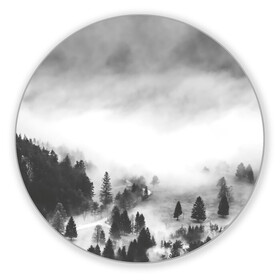 Коврик для мышки круглый с принтом Туманный лес в Петрозаводске, резина и полиэстер | круглая форма, изображение наносится на всю лицевую часть | бор | деревья | дым | елки | лес | природа | туман | чб | черно белое