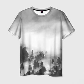Мужская футболка 3D с принтом Туманный лес в Петрозаводске, 100% полиэфир | прямой крой, круглый вырез горловины, длина до линии бедер | Тематика изображения на принте: бор | деревья | дым | елки | лес | природа | туман | чб | черно белое