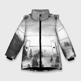 Зимняя куртка для девочек 3D с принтом Туманный лес в Петрозаводске, ткань верха — 100% полиэстер; подклад — 100% полиэстер, утеплитель — 100% полиэстер. | длина ниже бедра, удлиненная спинка, воротник стойка и отстегивающийся капюшон. Есть боковые карманы с листочкой на кнопках, утяжки по низу изделия и внутренний карман на молнии. 

Предусмотрены светоотражающий принт на спинке, радужный светоотражающий элемент на пуллере молнии и на резинке для утяжки. | бор | деревья | дым | елки | лес | природа | туман | чб | черно белое