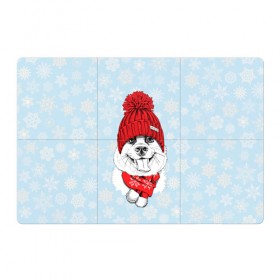 Магнитный плакат 3Х2 с принтом Собачка в шапочке в Петрозаводске, Полимерный материал с магнитным слоем | 6 деталей размером 9*9 см | Тематика изображения на принте: зима | новый год | подарок | рождество | собака