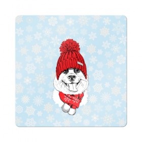 Магнит виниловый Квадрат с принтом Собачка в шапочке в Петрозаводске, полимерный материал с магнитным слоем | размер 9*9 см, закругленные углы | зима | новый год | подарок | рождество | собака