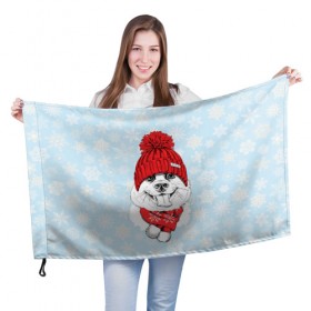 Флаг 3D с принтом Собачка в шапочке в Петрозаводске, 100% полиэстер | плотность ткани — 95 г/м2, размер — 67 х 109 см. Принт наносится с одной стороны | зима | новый год | подарок | рождество | собака