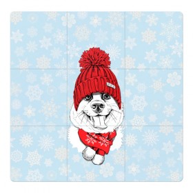 Магнитный плакат 3Х3 с принтом Собачка в шапочке в Петрозаводске, Полимерный материал с магнитным слоем | 9 деталей размером 9*9 см | Тематика изображения на принте: зима | новый год | подарок | рождество | собака