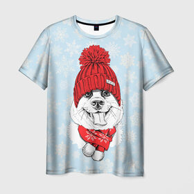 Мужская футболка 3D с принтом Собачка в шапочке в Петрозаводске, 100% полиэфир | прямой крой, круглый вырез горловины, длина до линии бедер | Тематика изображения на принте: зима | новый год | подарок | рождество | собака