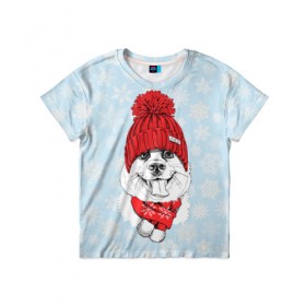Детская футболка 3D с принтом Собачка в шапочке в Петрозаводске, 100% гипоаллергенный полиэфир | прямой крой, круглый вырез горловины, длина до линии бедер, чуть спущенное плечо, ткань немного тянется | зима | новый год | подарок | рождество | собака
