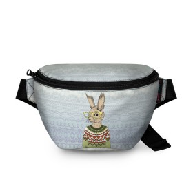 Поясная сумка 3D с принтом Кролик хипстер в Петрозаводске, 100% полиэстер | плотная ткань, ремень с регулируемой длиной, внутри несколько карманов для мелочей, основное отделение и карман с обратной стороны сумки застегиваются на молнию | зима | кролик | новый год | подарок | рождество