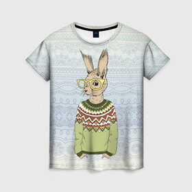 Женская футболка 3D с принтом Кролик хипстер в Петрозаводске, 100% полиэфир ( синтетическое хлопкоподобное полотно) | прямой крой, круглый вырез горловины, длина до линии бедер | зима | кролик | новый год | подарок | рождество